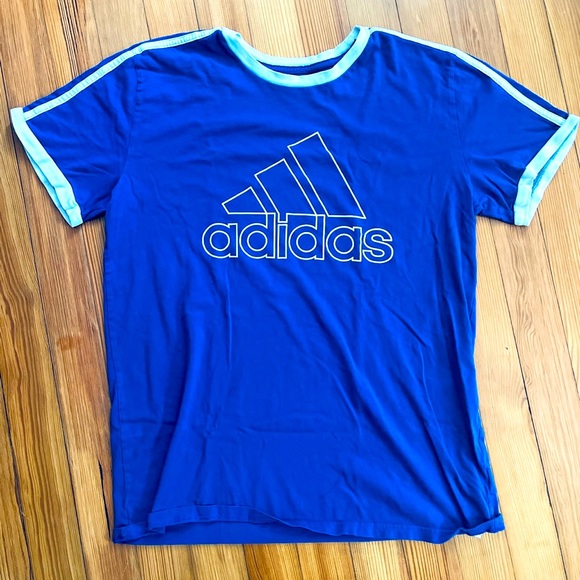 Blue Retro Style XL Adidas T-shirt with Three White Strips on Shoulder - Picture 1 of 4